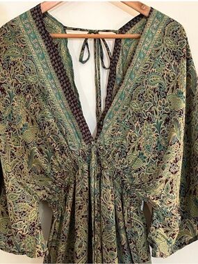 Bohemian Floral Maxi Dress in Olive Green. S/M